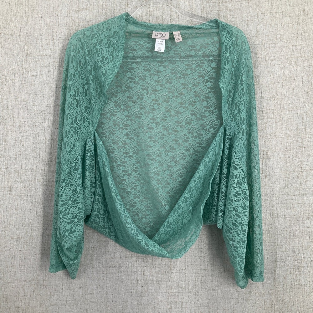 LOGO Lori Goldstein Shrug Women XL/1X Green Lace Bolero Cardigan Sheer Boho